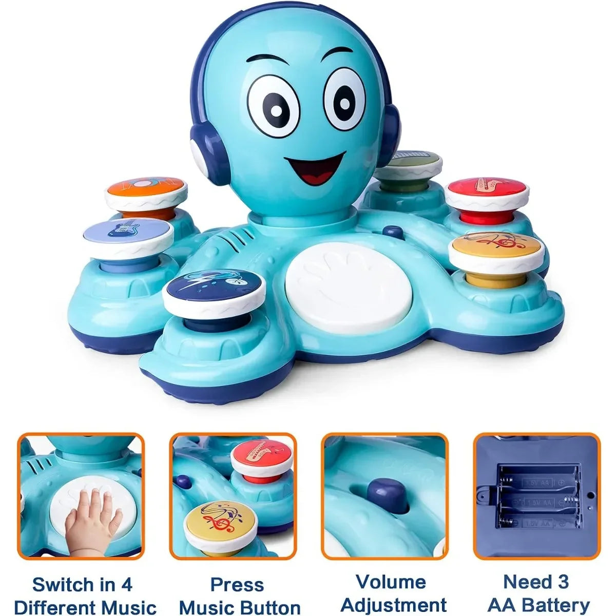 Interactieve kleurrijke octopus muziek speelgoed voor kinderen met knoppen, ideaal voor creatieve en muzikale ontwikkeling.