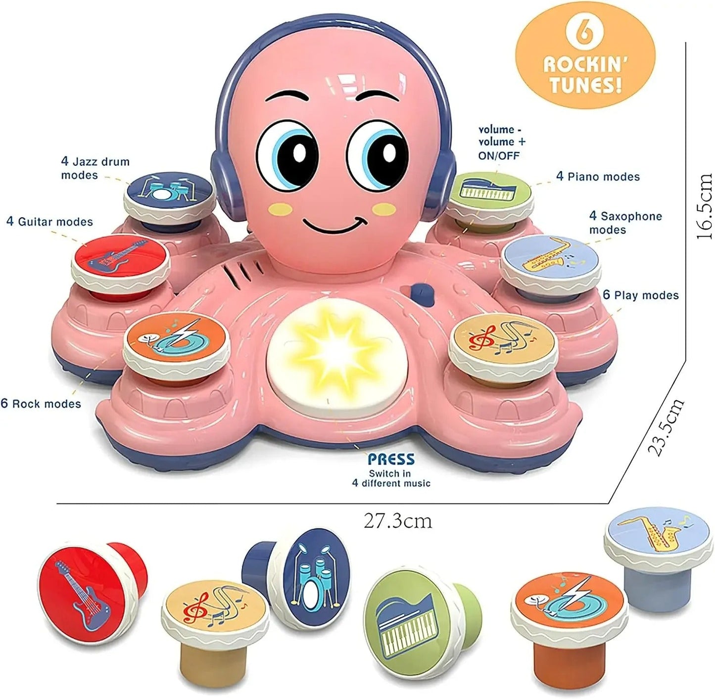 Interactieve kleurrijke octopus muziek speelgoed voor kinderen met knoppen, ideaal voor creatieve en muzikale ontwikkeling.