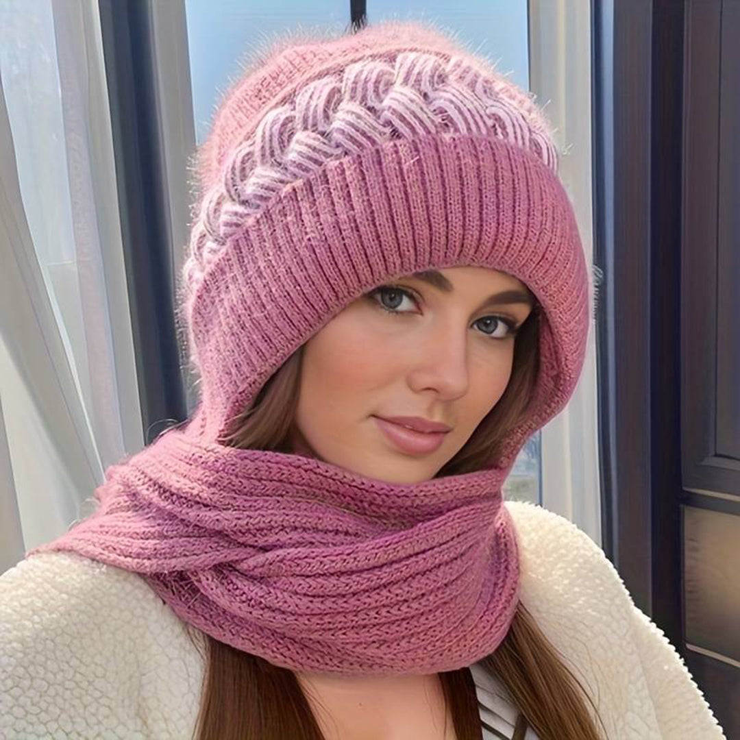 "Jasmijn muts en sjaal set in roze met pompon, zacht nertsfleece voor comfort en stijl, ideaal voor koude dagen."