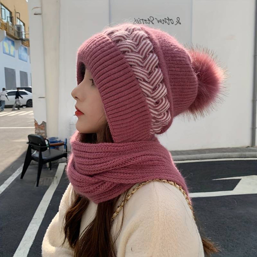 "Jasmijn muts en sjaal set in roze met pompon, zacht nertsfleece voor comfort en stijl, ideaal voor koude dagen."