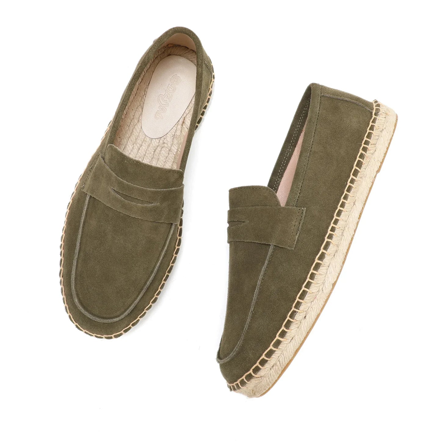 "Jute espadrilles heren, koe suede bovenkant, jute zool, casual stijl, in kleuren bruin, groen, marineblauw, zand."