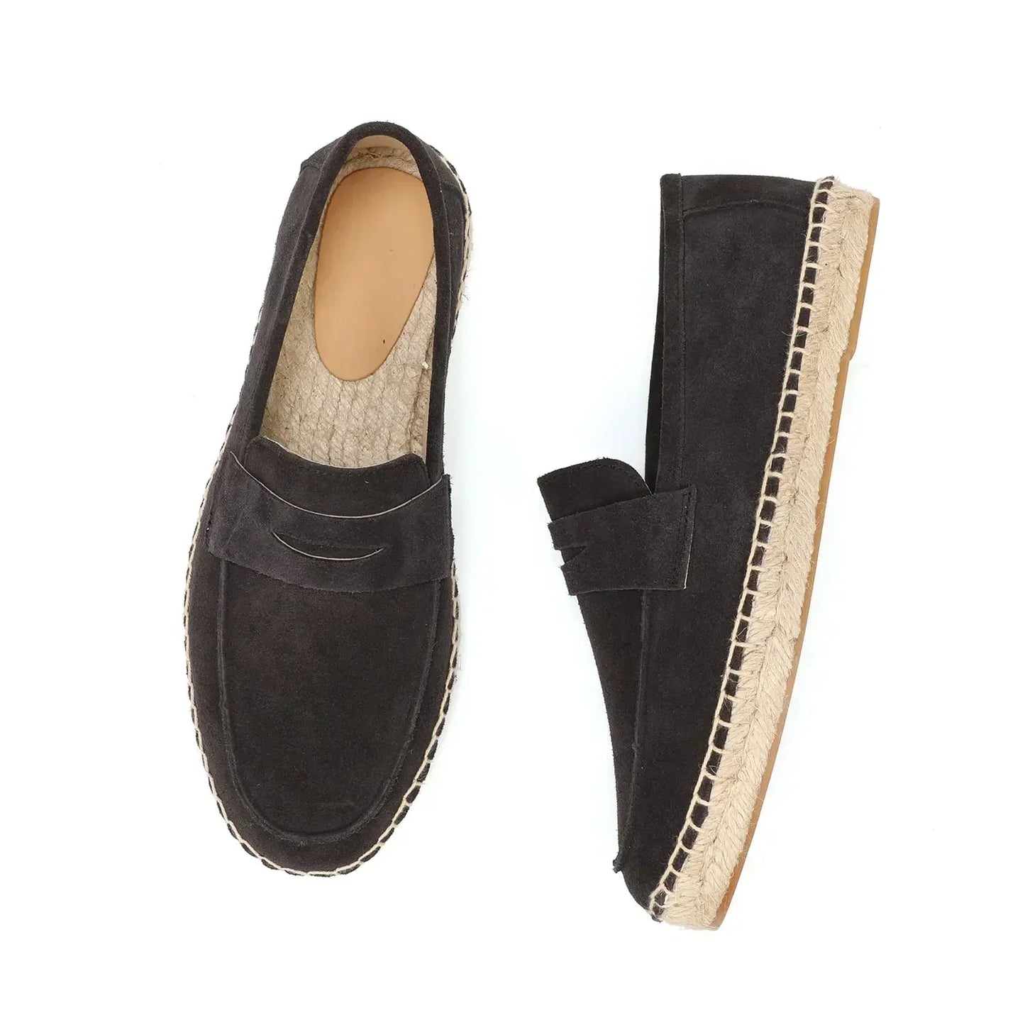 "Jute espadrilles heren, koe suede bovenkant, jute zool, casual stijl, in kleuren bruin, groen, marineblauw, zand."