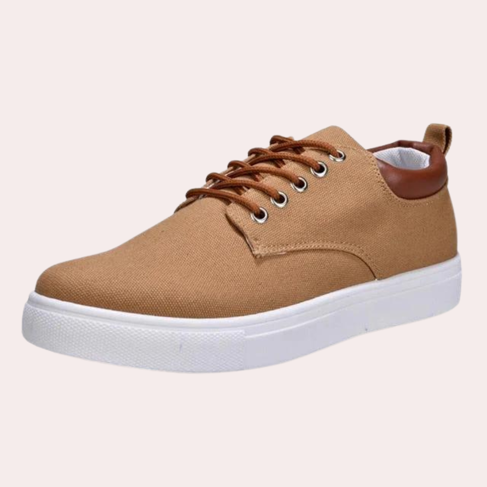 "Khaki herensneakers, orthopedisch ontwerp, comfortabel, stijlvol, ideaal voor casual outfits, extra voetondersteuning."