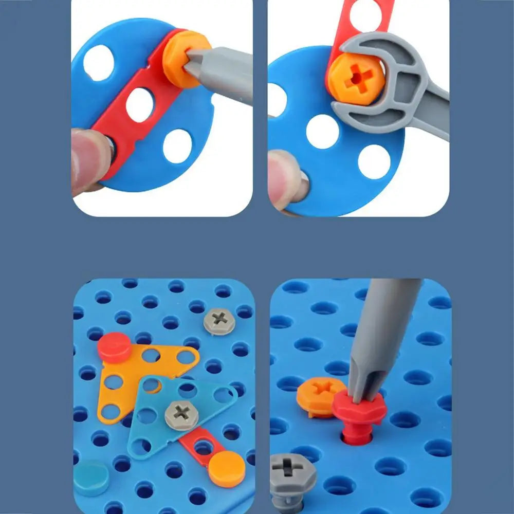 "Kind speelt met kleurrijke Screw Set boorset voor creatief bouwen, met elektrische boor en diverse onderdelen in opbergkoffe