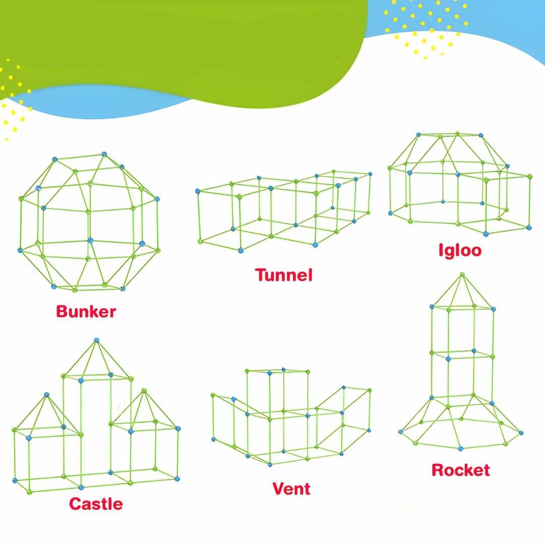 "Kinderen spelen creatief in kleurrijk, magisch speelfort; geschikt voor binnen en buiten, met optionele sets en accessoires.