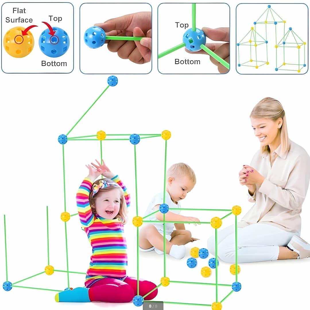 "Kinderen spelen creatief in kleurrijk, magisch speelfort; geschikt voor binnen en buiten, met optionele sets en accessoires.