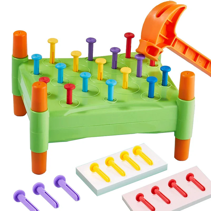 "Kinderspeelgoed Nail & Knock™: kleurrijke hamerset voor motorische ontwikkeling en kleurherkenning, stevig ABS materiaal."