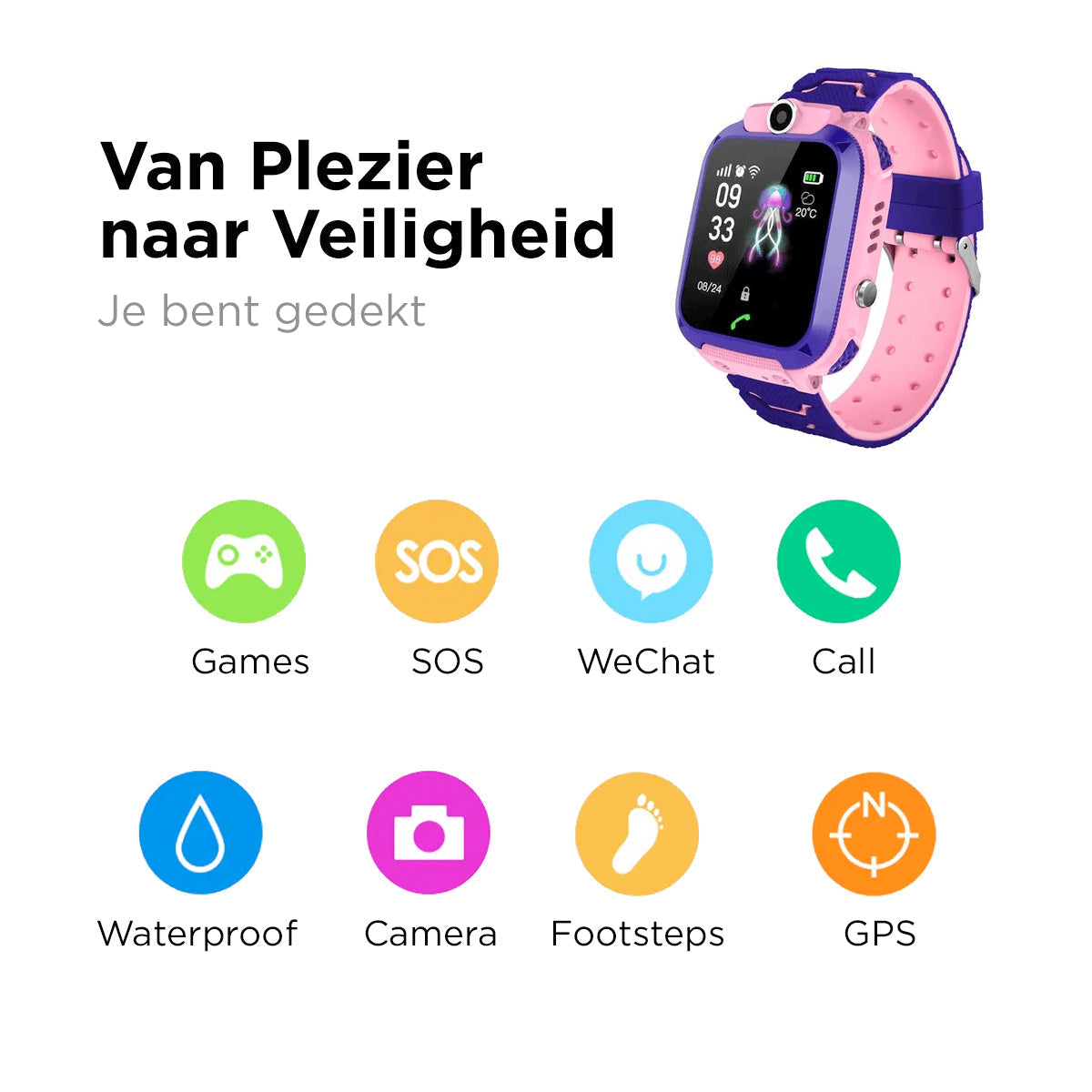 "Kindvriendelijke GPS smartwatch in blauw met kleurrijk scherm voor veiligheid en educatief spelplezier."