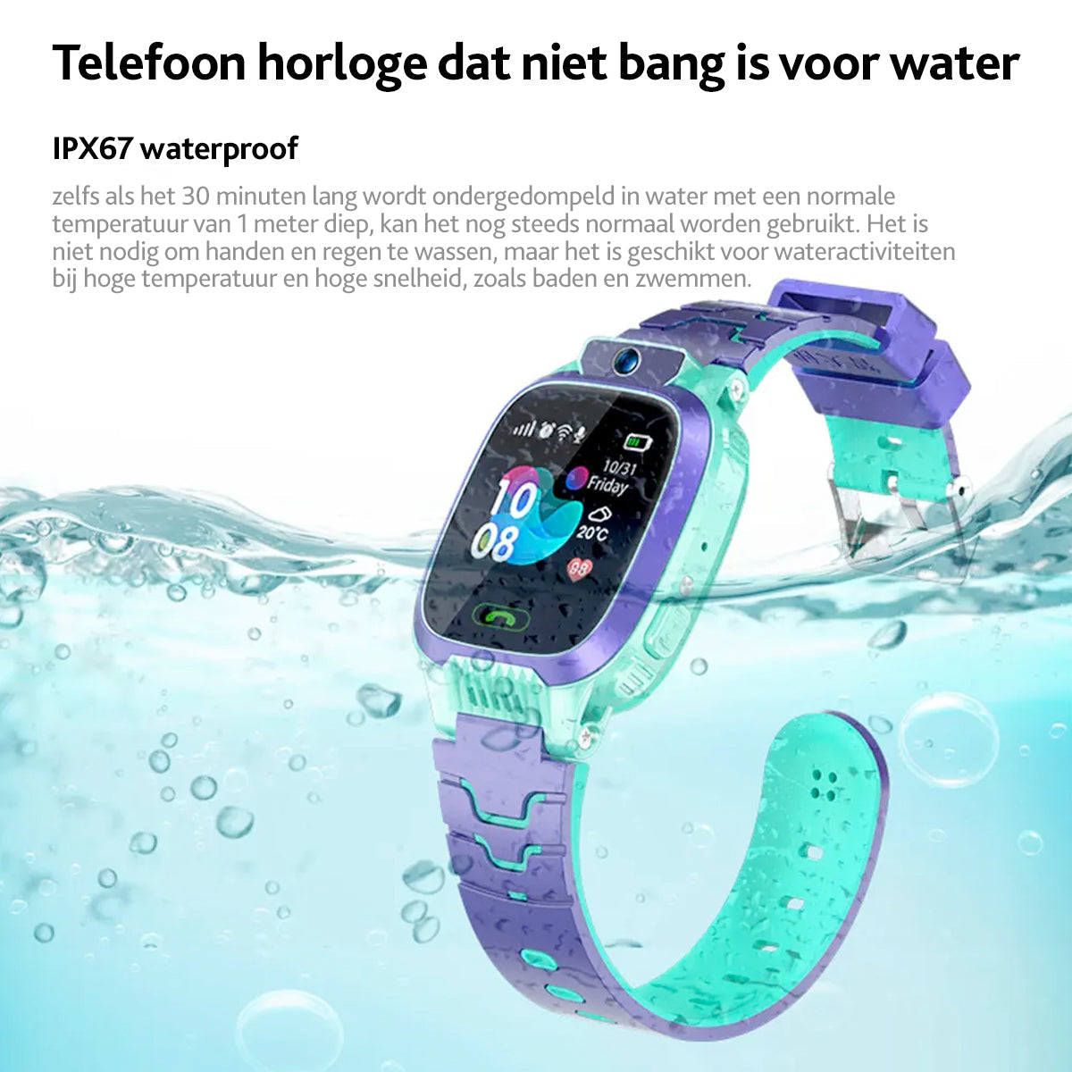 "Kindvriendelijke GPS smartwatch in blauw met kleurrijk scherm voor veiligheid en educatief spelplezier."
