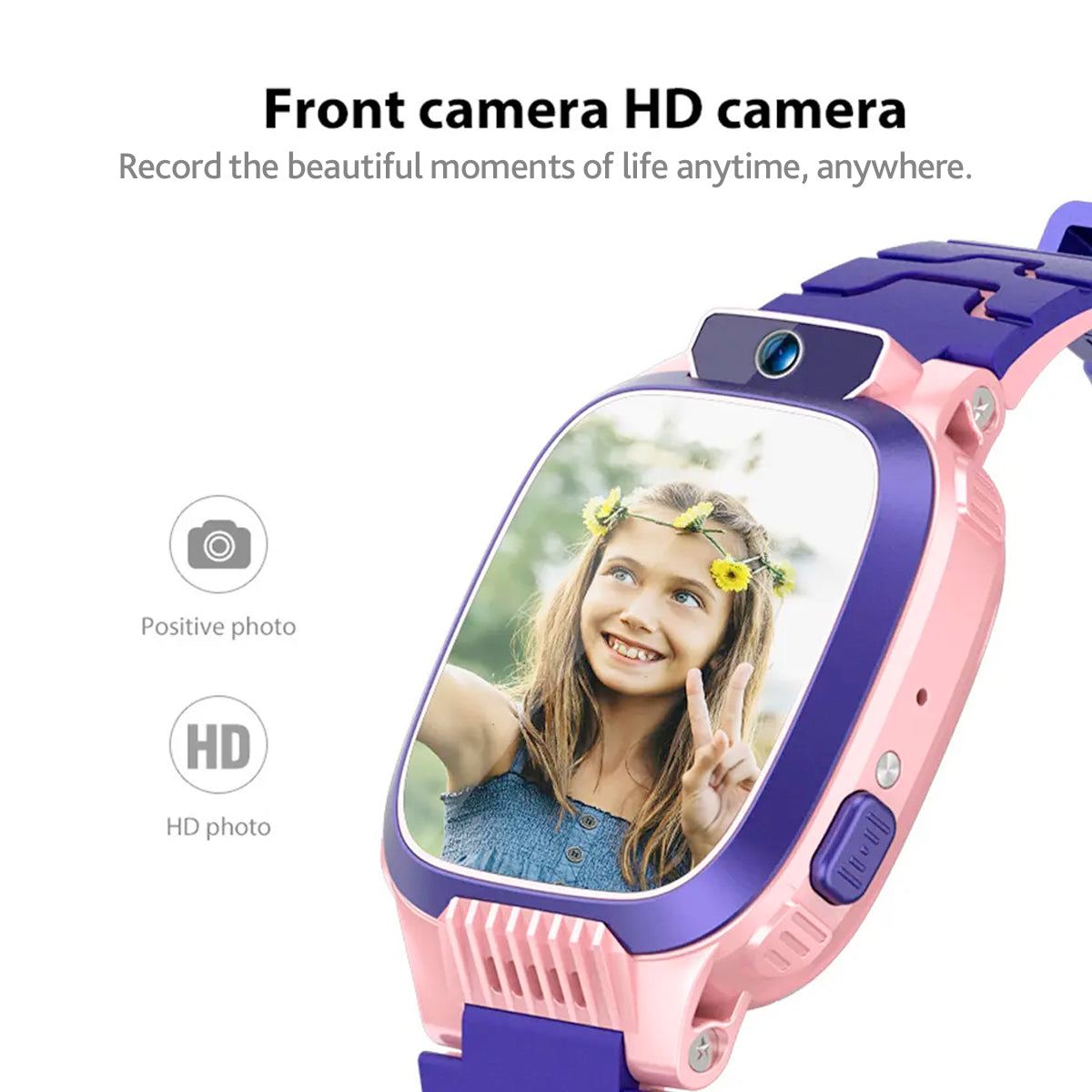 "Kindvriendelijke GPS smartwatch in blauw met kleurrijk scherm voor veiligheid en educatief spelplezier."