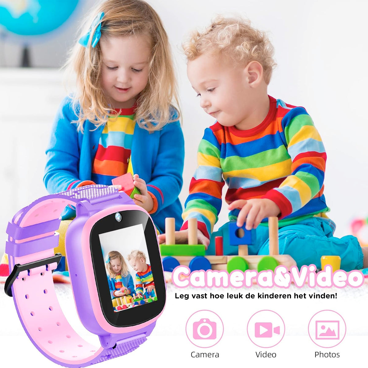 "Kindvriendelijke GPS smartwatch in blauw met kleurrijk scherm voor veiligheid en educatief spelplezier."