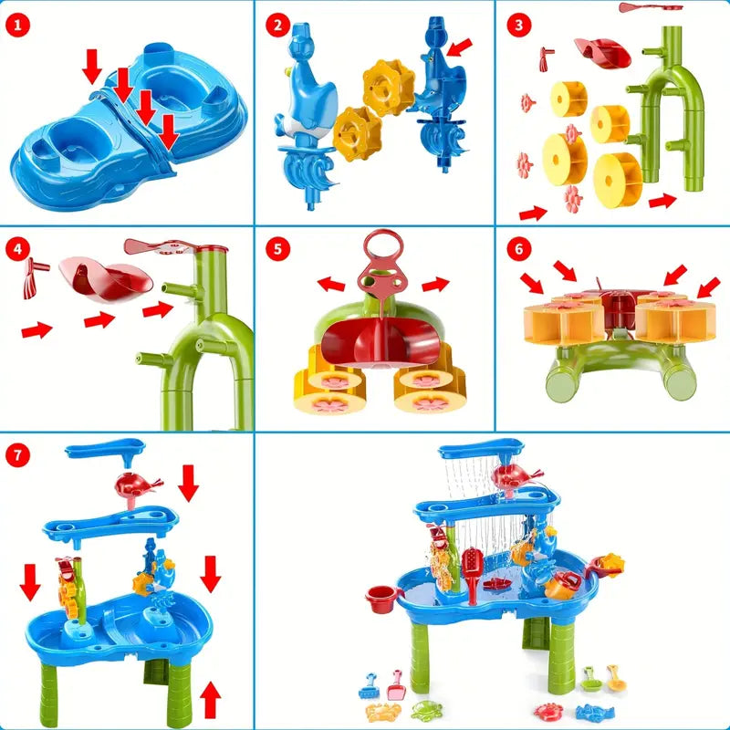 Kleurrijke 3-laags zand- en watertafel voor kinderen, met BPA-vrij kunststof en accessoires. Speel- en leerplezier gegarandee
