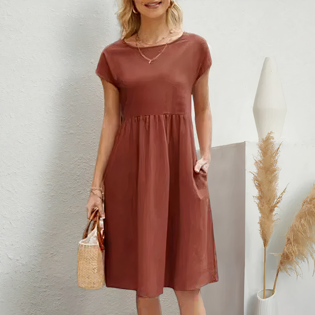 "Knielange zomerjurk met zakken, veelzijdige beige jurk voor dames, luchtige katoenen stof perfect voor zomerse dagen."
