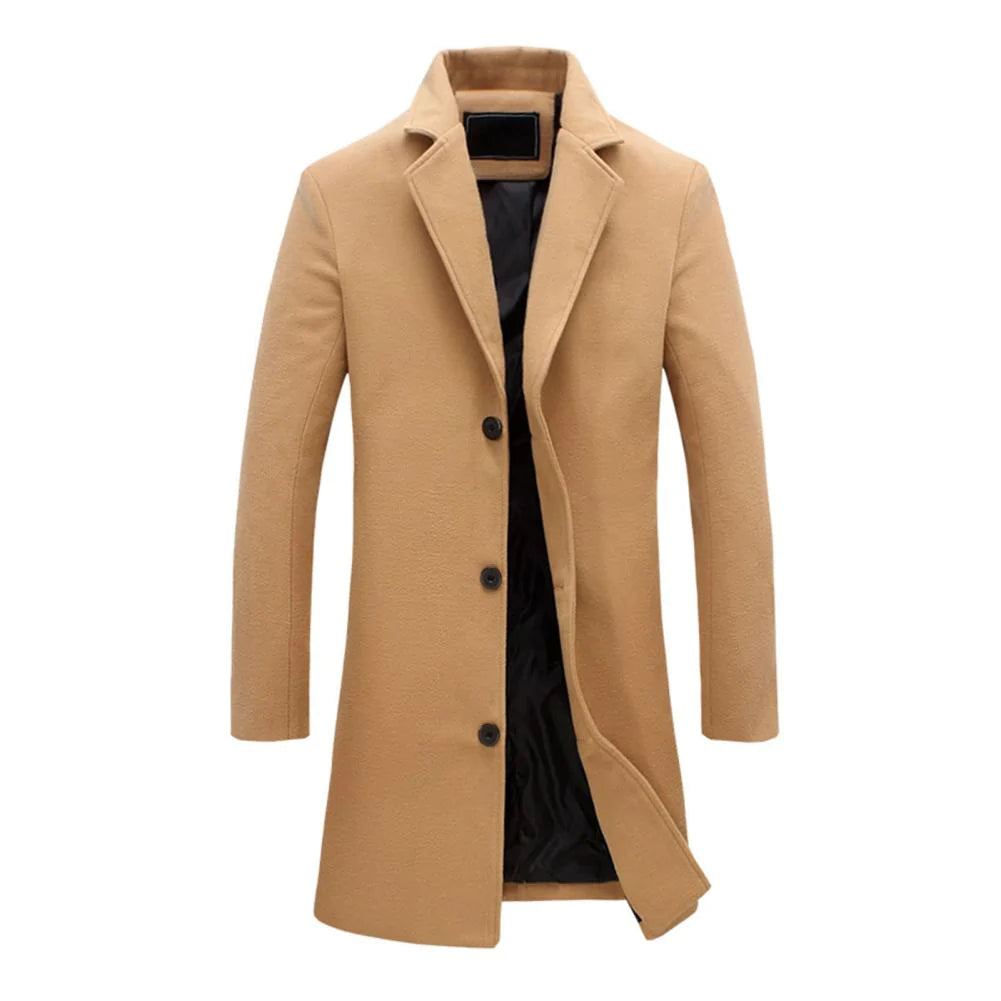Lange winterjas heren, elegant ontwerp, hoge kraag, zacht gevoerd, beschikbaar in beige, lichtgrijs, zwart, modern.