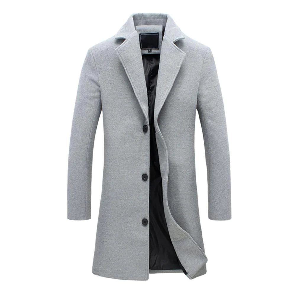 Lange winterjas heren, elegant ontwerp, hoge kraag, zacht gevoerd, beschikbaar in beige, lichtgrijs, zwart, modern.