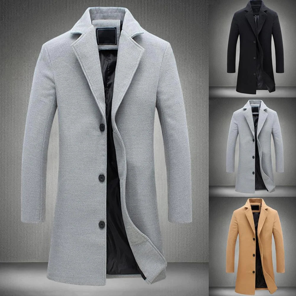 Lange winterjas heren, elegant ontwerp, hoge kraag, zacht gevoerd, beschikbaar in beige, lichtgrijs, zwart, modern.