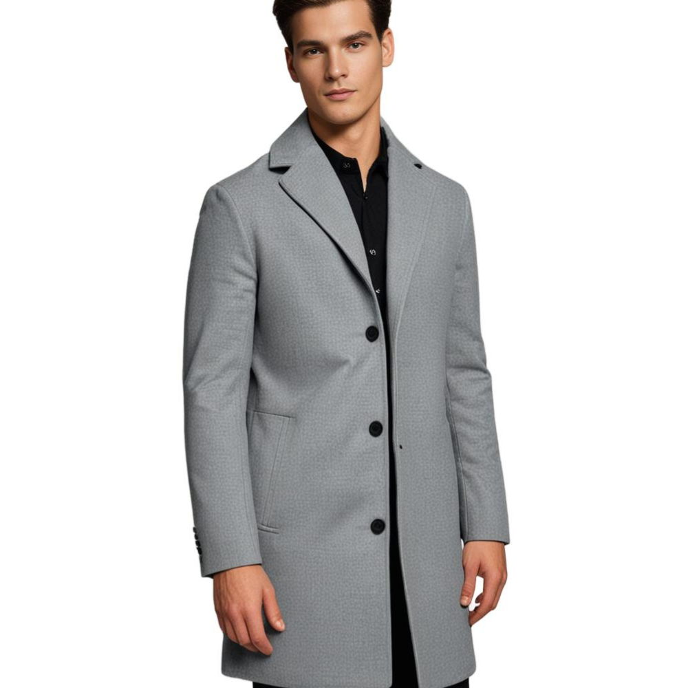 Lange winterjas heren, elegant ontwerp, hoge kraag, zacht gevoerd, beschikbaar in beige, lichtgrijs, zwart, modern.