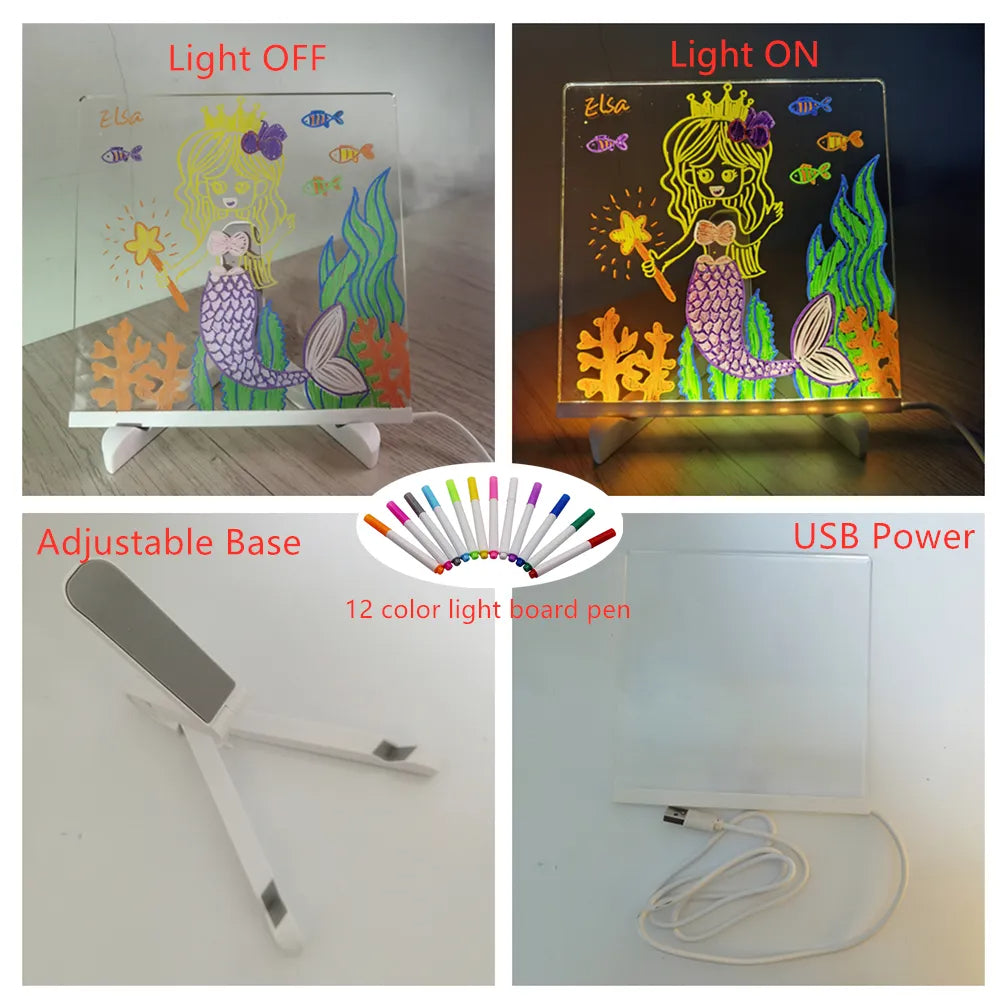 "LED-verlicht tekenbord op tafel in donkere kamer, ideaal voor kinderen om creatief te tekenen en als nachtlampje te gebruike