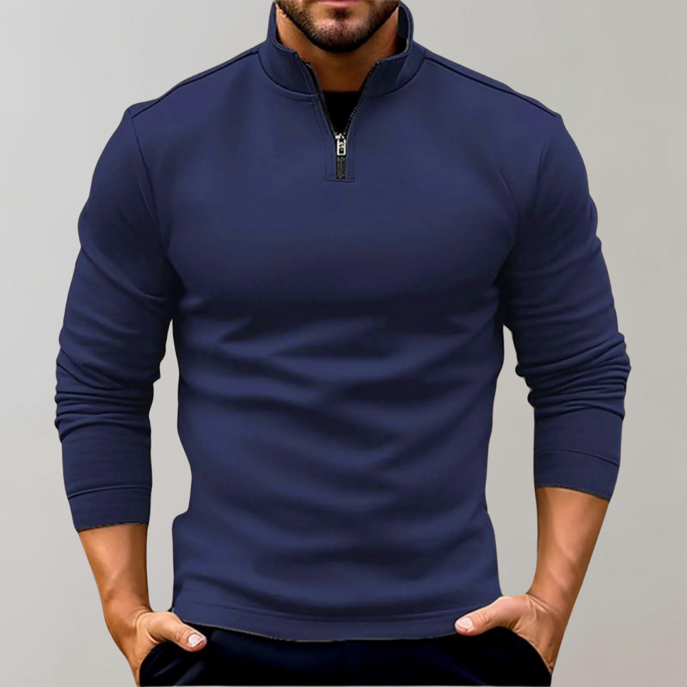 "Lichte heren zomertrui met rits, verkrijgbaar in marineblauw, oranje, zwart en wit, moderne stijlvolle look."