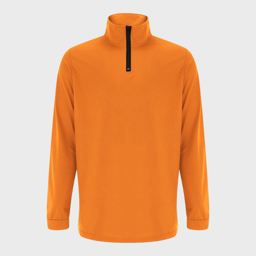 "Lichte heren zomertrui met rits, verkrijgbaar in marineblauw, oranje, zwart en wit, moderne stijlvolle look."