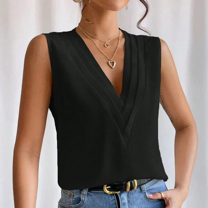"Lichtgewicht elegante mouwloze damesblouse met V-hals, perfect voor zomerstijl en veelzijdige outfits."