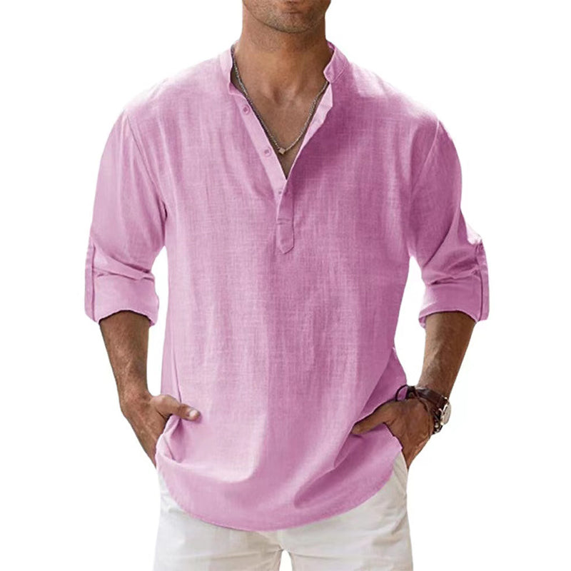 Lichtgewicht linnen herenoverhemd, Henley stijl, lange mouw, in lichtblauw. Perfect voor zomer en casual uitjes.
