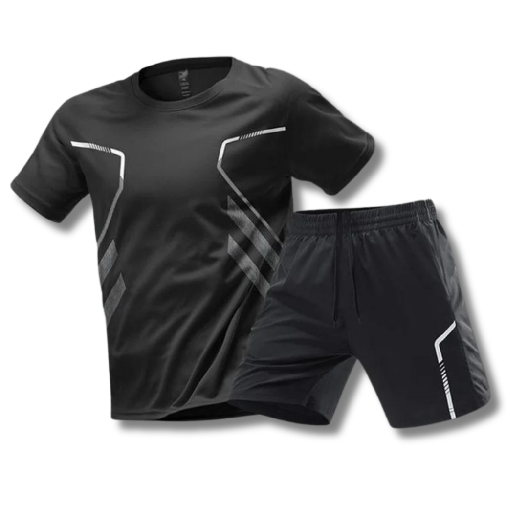 "Lichtgewicht sportkleding set heren met ademend shirt en flexibele korte broek, ideaal voor fitness en hardlopen."