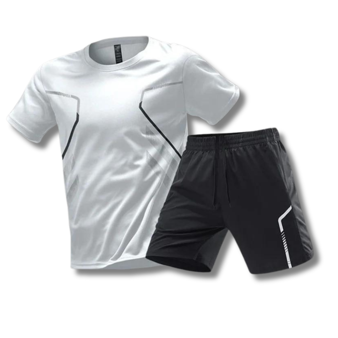 "Lichtgewicht sportkleding set heren met ademend shirt en flexibele korte broek, ideaal voor fitness en hardlopen."