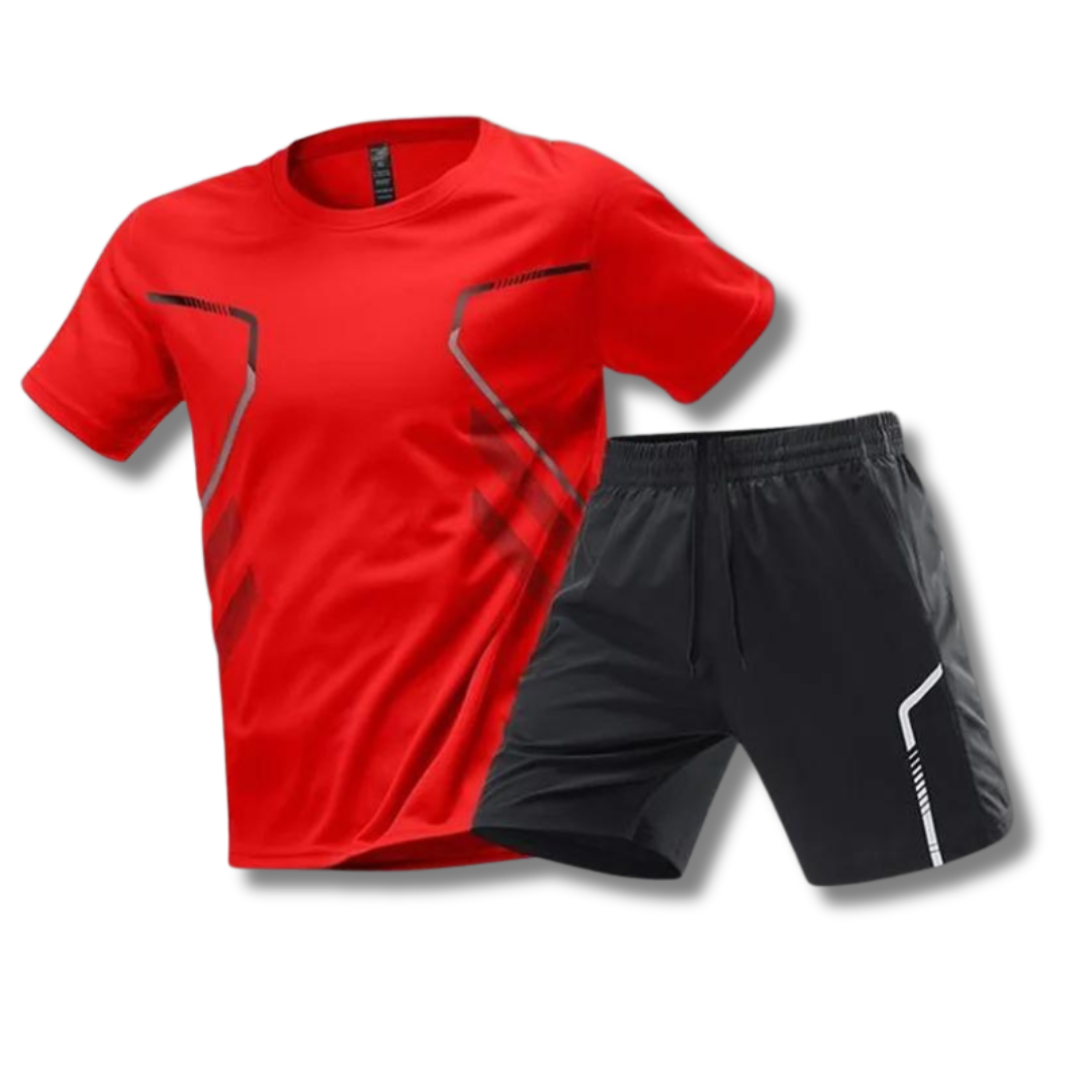 "Lichtgewicht sportkleding set heren met ademend shirt en flexibele korte broek, ideaal voor fitness en hardlopen."