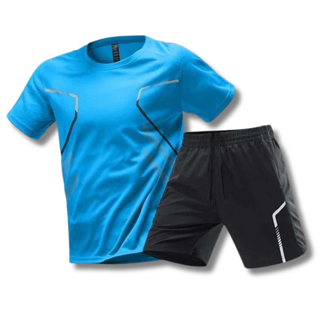 "Lichtgewicht sportkleding set heren met ademend shirt en flexibele korte broek, ideaal voor fitness en hardlopen."