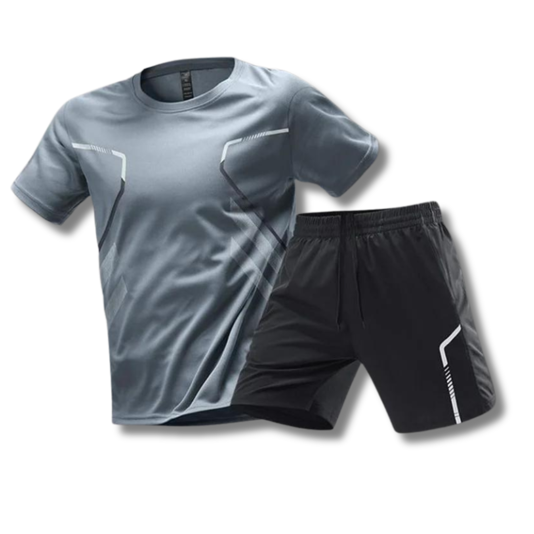 "Lichtgewicht sportkleding set heren met ademend shirt en flexibele korte broek, ideaal voor fitness en hardlopen."