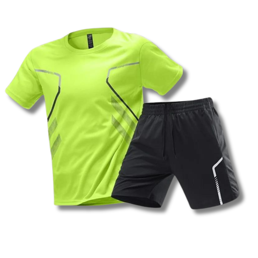 "Lichtgewicht sportkleding set heren met ademend shirt en flexibele korte broek, ideaal voor fitness en hardlopen."