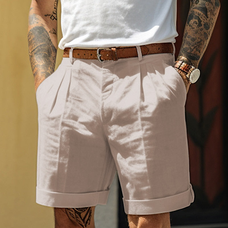 "Linnen-katoenen heren korte broek, zomerstijl, beige kleur, lichtgewicht en ademend ontwerp, geschikt voor casual uitjes."