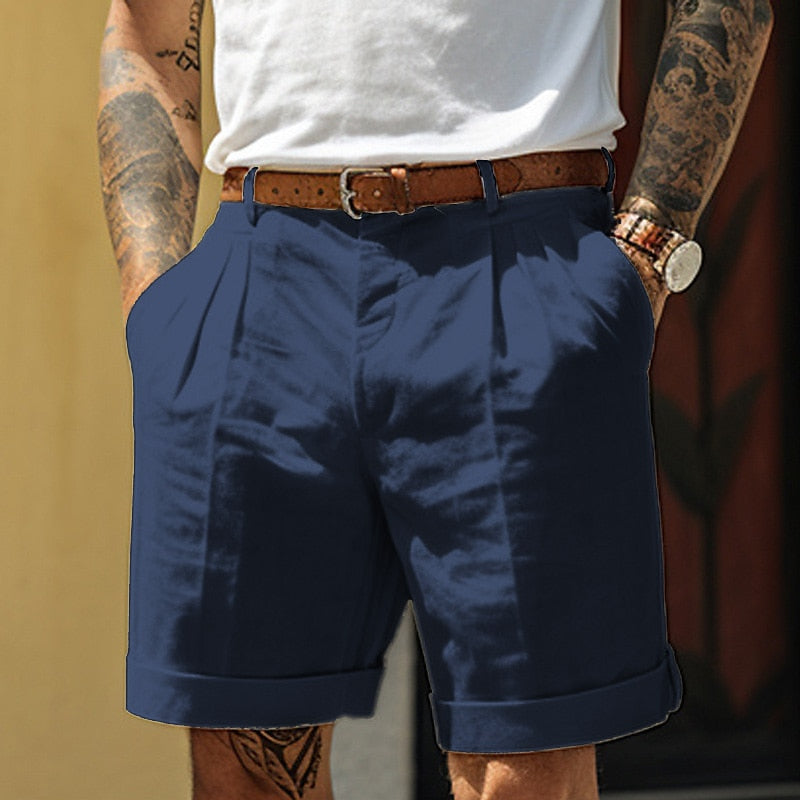"Linnen-katoenen heren korte broek, zomerstijl, beige kleur, lichtgewicht en ademend ontwerp, geschikt voor casual uitjes."