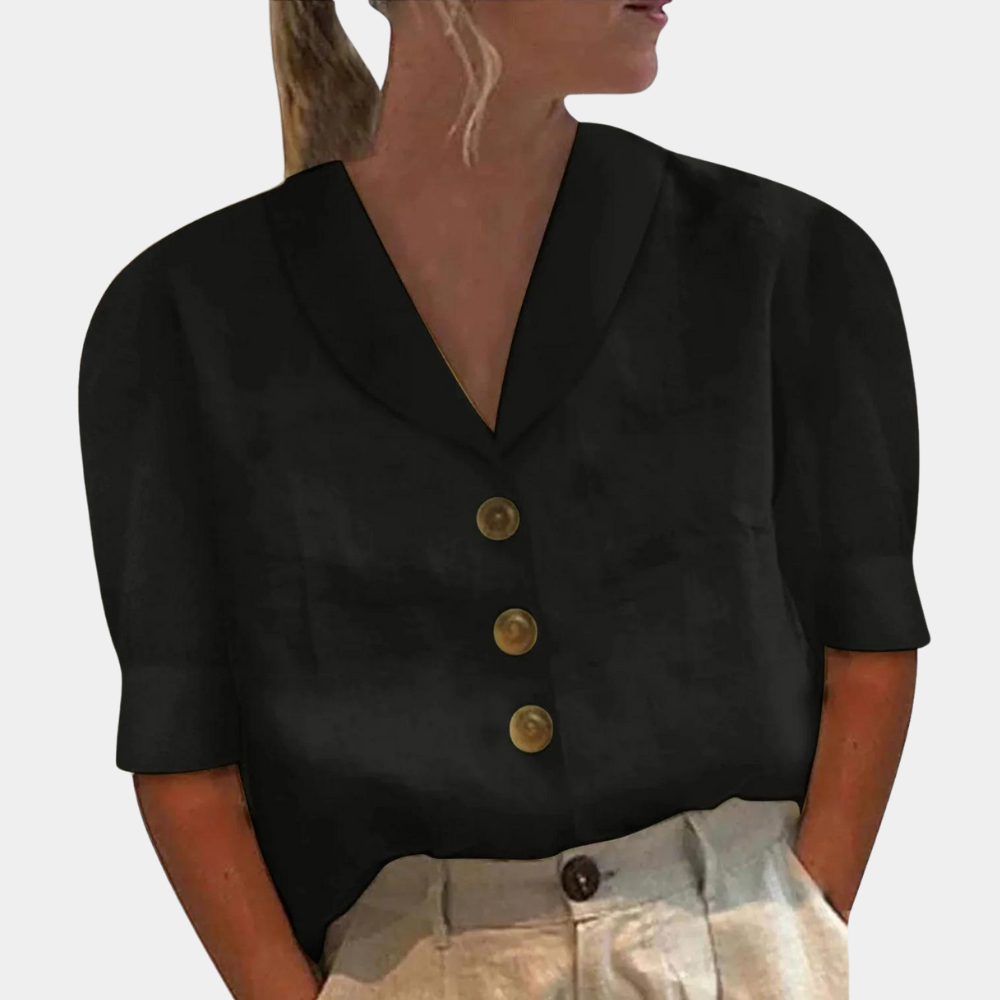 "Luchtige damesblouse in grijs linnen met elegante envelop halslijn, stijlvolle knopen, perfect voor lente en zomer."