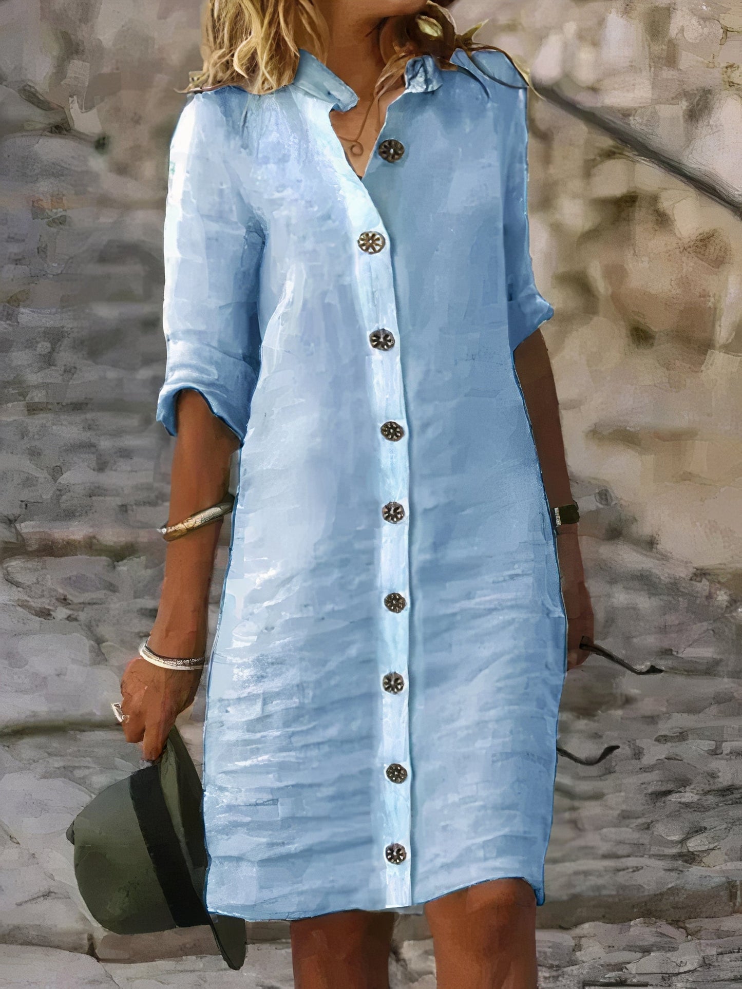 "Luchtige linnen dames overhemdjurk met klassieke kraag en knoopsluiting voor een elegante zomerlook."