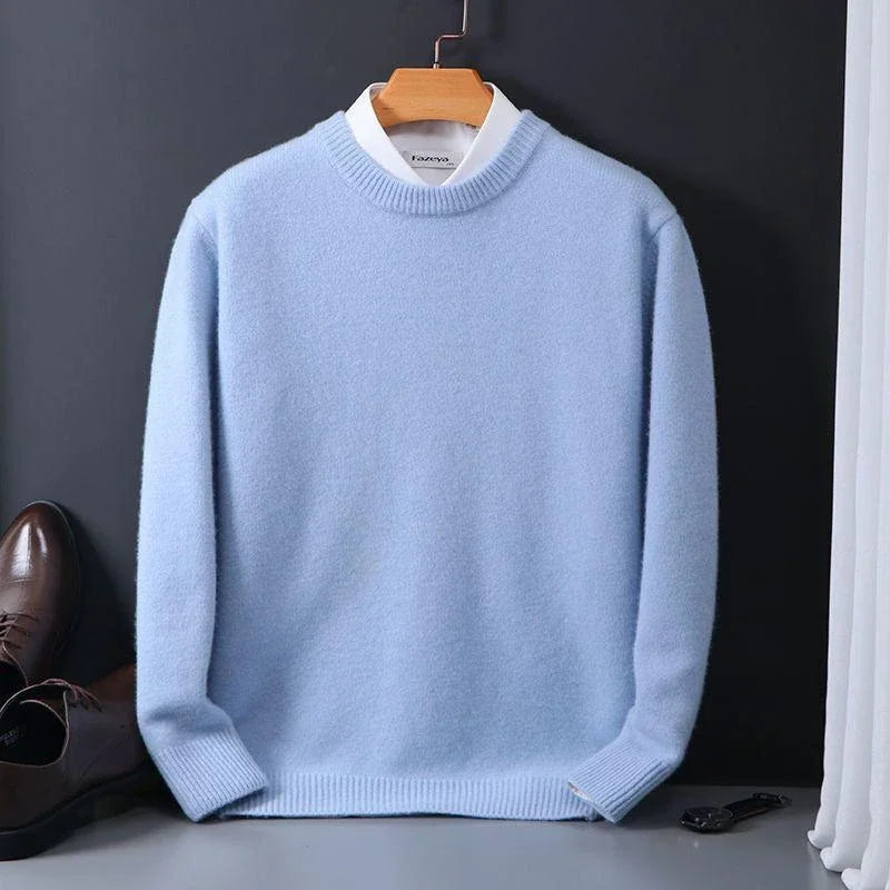 "Luxueuze kasjmier herentrui, elegante snit, blauw en camel, voor stijl en warmte. Ideaal voor casual en formele gelegenheden