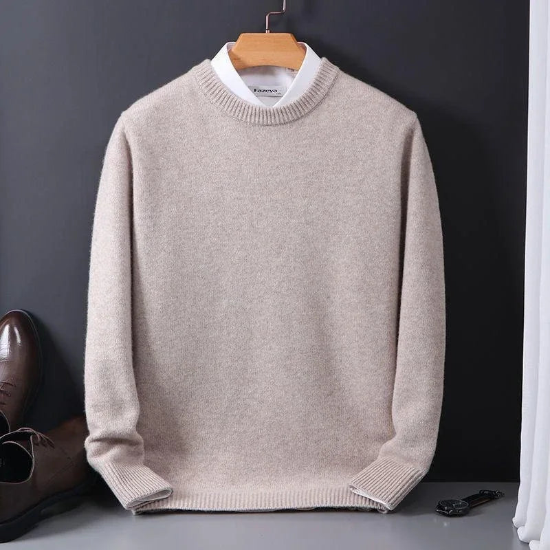 "Luxueuze kasjmier herentrui, elegante snit, blauw en camel, voor stijl en warmte. Ideaal voor casual en formele gelegenheden