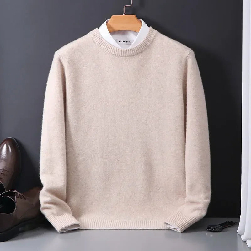 "Luxueuze kasjmier herentrui, elegante snit, blauw en camel, voor stijl en warmte. Ideaal voor casual en formele gelegenheden