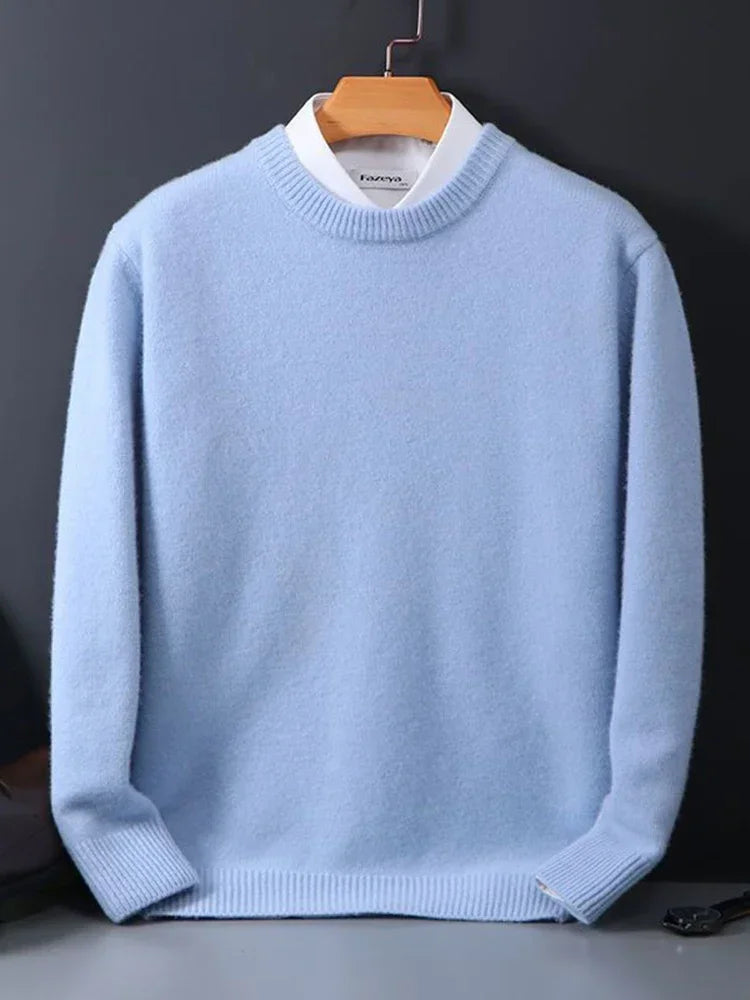 "Luxueuze kasjmier herentrui, elegante snit, blauw en camel, voor stijl en warmte. Ideaal voor casual en formele gelegenheden