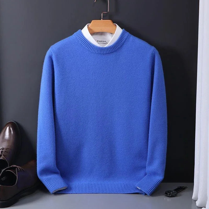 "Luxueuze kasjmier herentrui, elegante snit, blauw en camel, voor stijl en warmte. Ideaal voor casual en formele gelegenheden