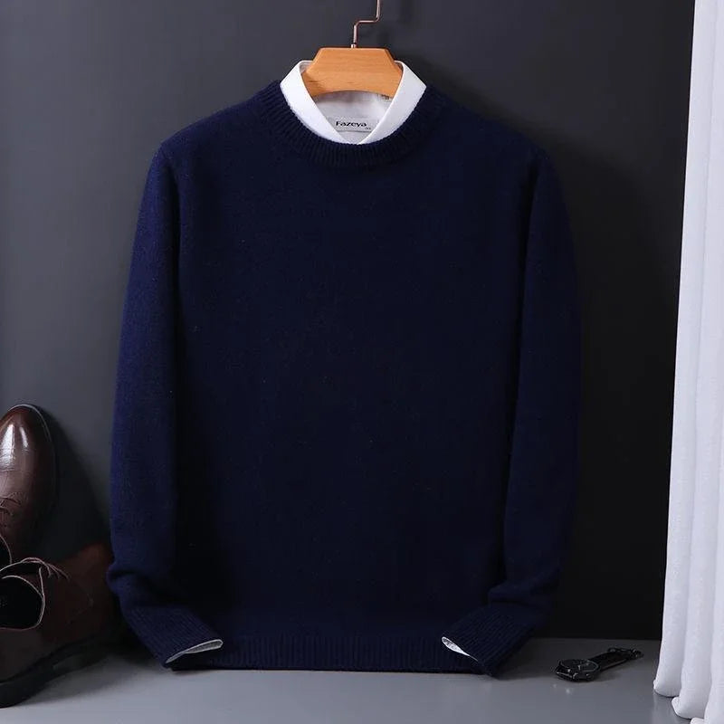 "Luxueuze kasjmier herentrui, elegante snit, blauw en camel, voor stijl en warmte. Ideaal voor casual en formele gelegenheden