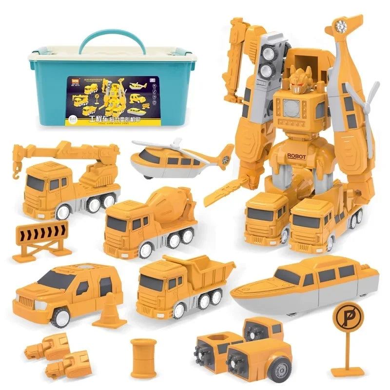 "Magische speelgoedtruck die transformeert in robot, kleurrijk design, duurzaam ABS-materiaal voor creatieve kinderen."