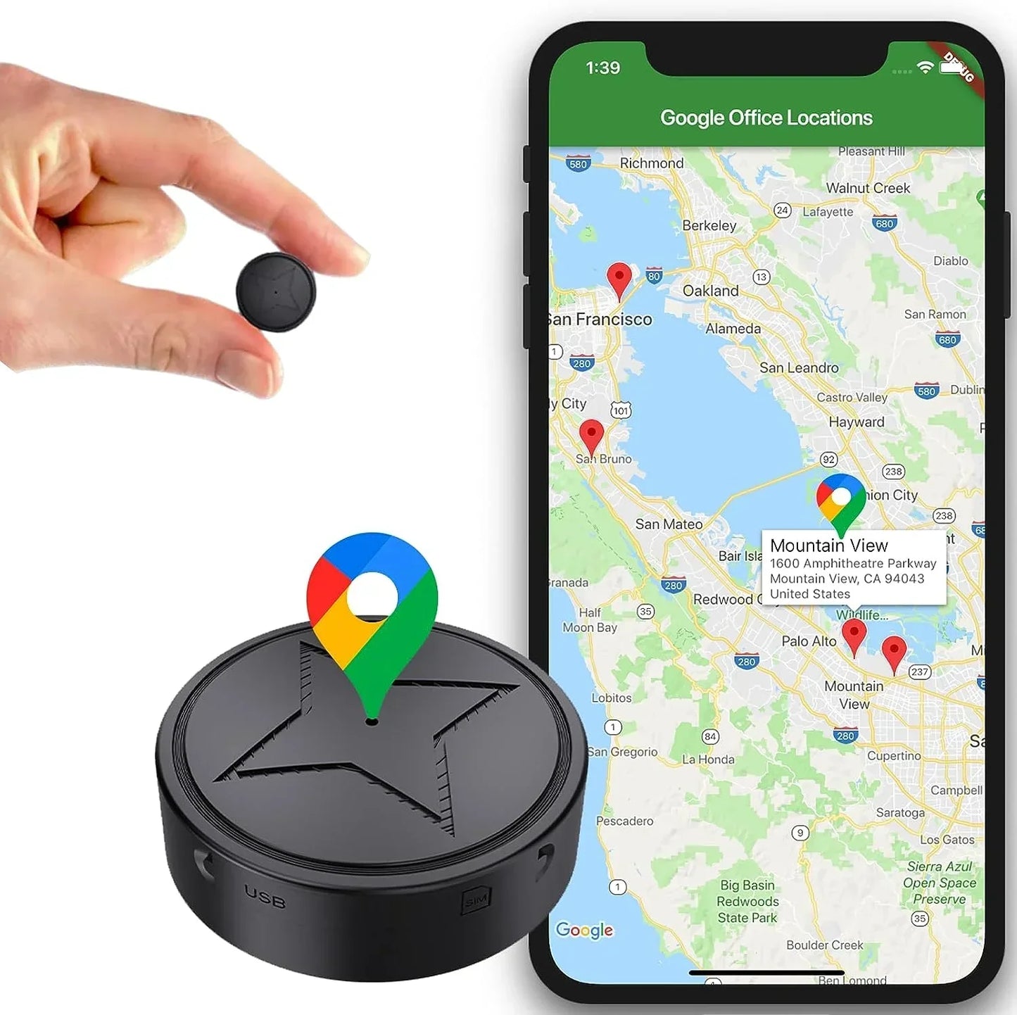 "Magnetische GPS-tracker voor real-time locatiebepaling, zwarte behuizing, ideaal voor voertuigen, weer- en schokbestendig."