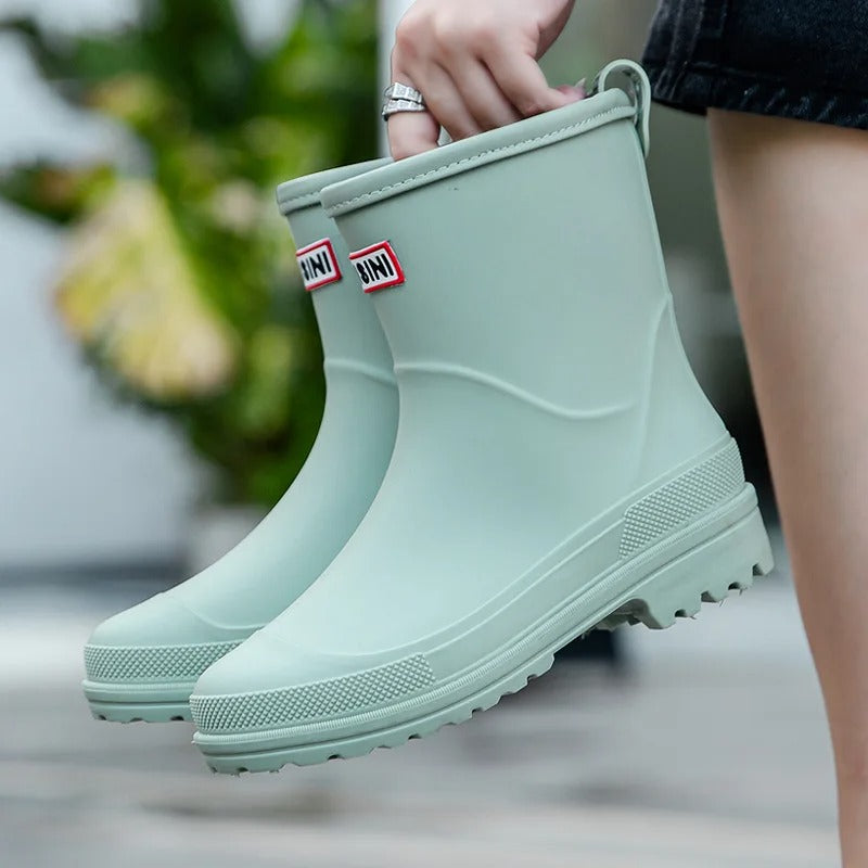 "Middelhoge waterdichte regenlaarzen voor dames, stijlvol ontwerp, zwarte kleur, antislip zool, perfect voor regenachtige dag