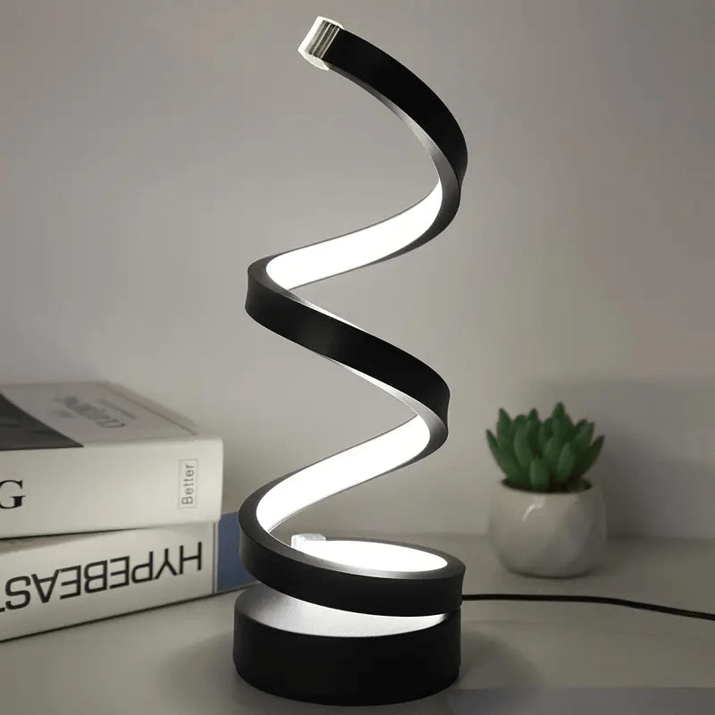 "Moderne dimbare LED tafellamp met spiraalvorm, elegant design, ideaal voor sfeervolle en energiezuinige verlichting."