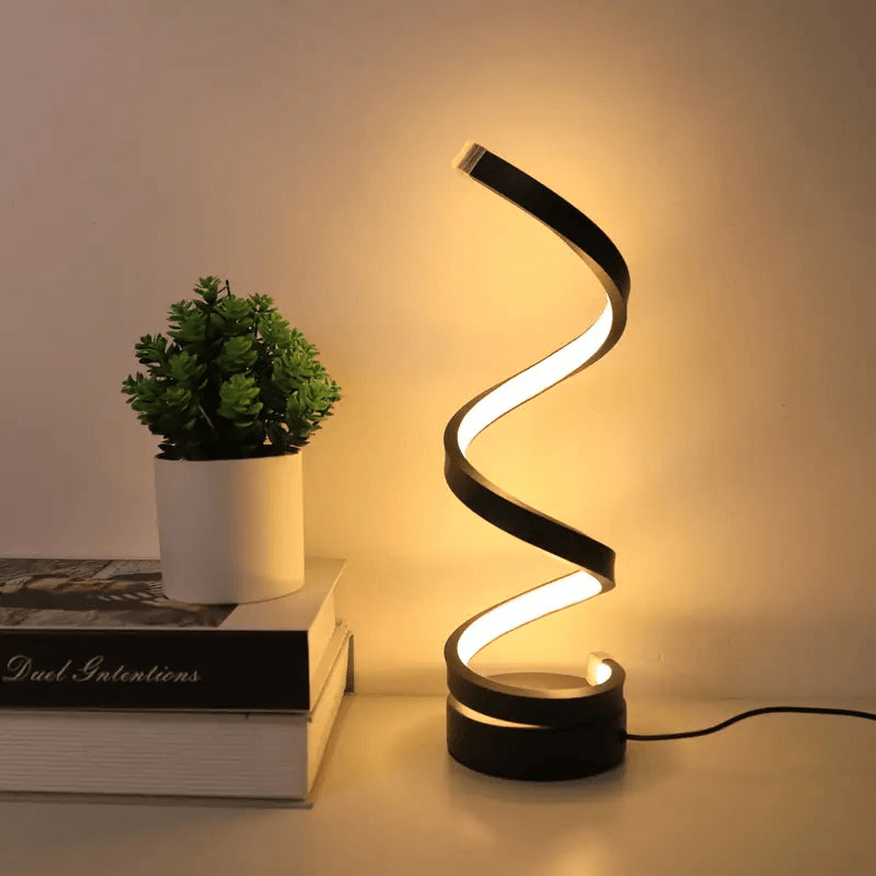 "Moderne dimbare LED tafellamp met spiraalvorm, elegant design, ideaal voor sfeervolle en energiezuinige verlichting."