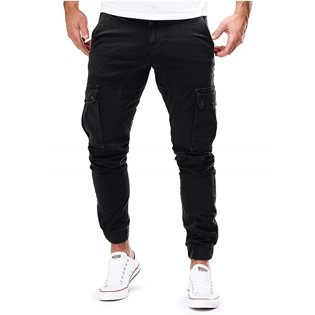 "Moderne heren cargo broek met elastische taille, ruime zakken en trendy ontwerp voor comfort en stijl."