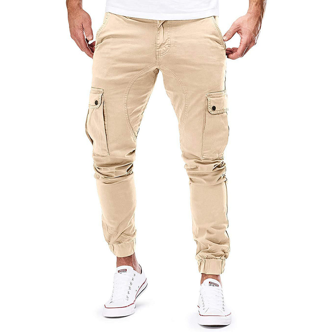 "Moderne heren cargo broek met elastische taille, ruime zakken en trendy ontwerp voor comfort en stijl."