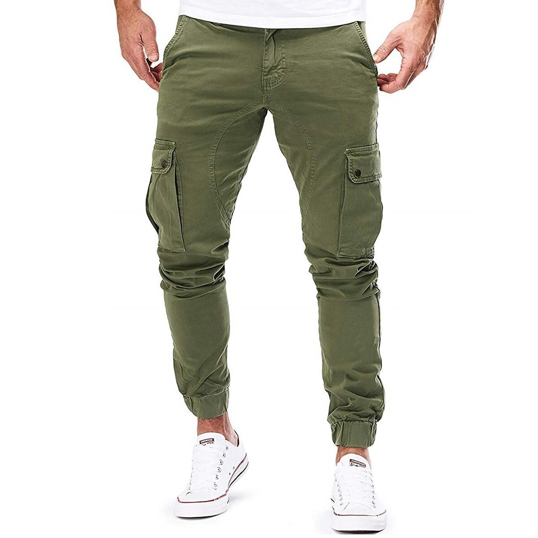 "Moderne heren cargo broek met elastische taille, ruime zakken en trendy ontwerp voor comfort en stijl."